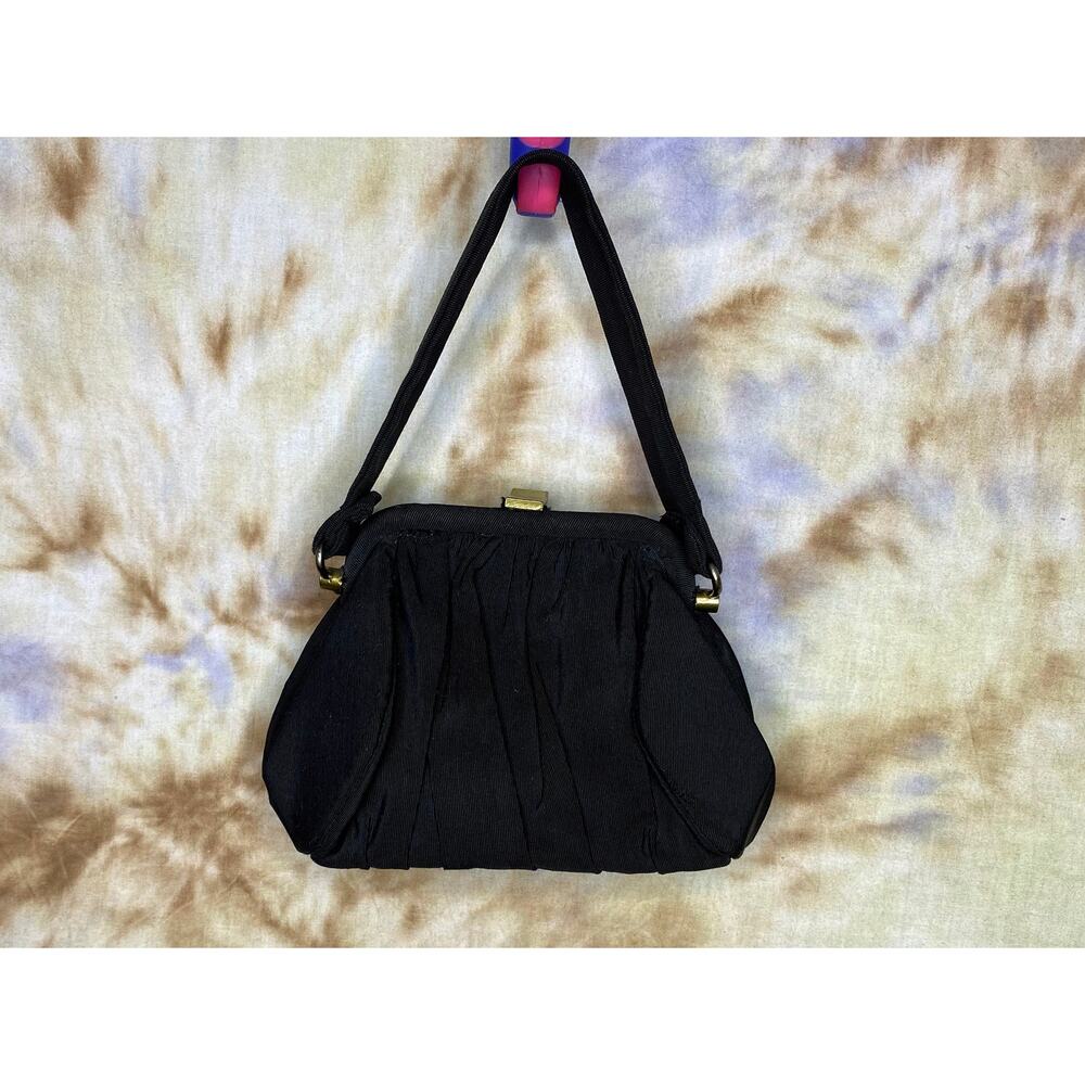 Vintage Handbag, Black Top Handle Evening Bag, 30s/40s Black Fabric Bag